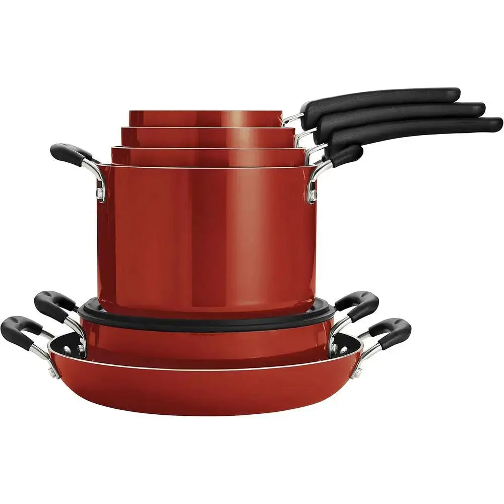 Red 11Pcs Nesting Aluminum Non Stick Pots Pans Set With Lids Dishwasher Oven Safe Kitchen Cookware from PriceLows™