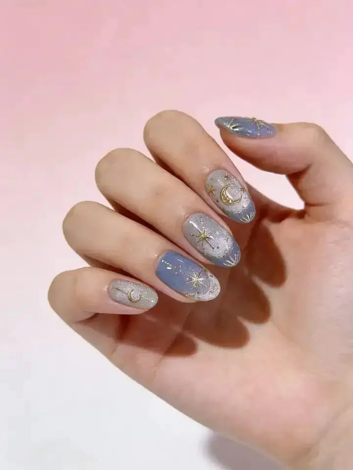 Press On Nails | Sweet Almond Shape | 24 Pcs | Gradient Blue French Design