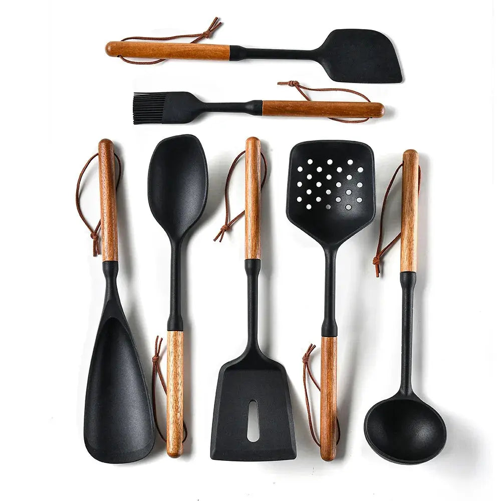 Wooden Handle Silicone Spatula Kitchenware Set, 7-piece Set, Heat-resistant Stir Fry Shovel, Soup Spoon, Kitchen Utensils from PriceLows™