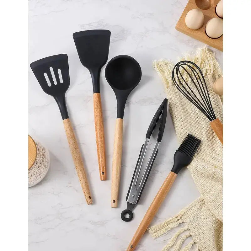 12-piece Wooden Handle Kitchenware Set Silicone Non-stick Cooking Spatula Baking Set with Storage Bucket from PriceLows™