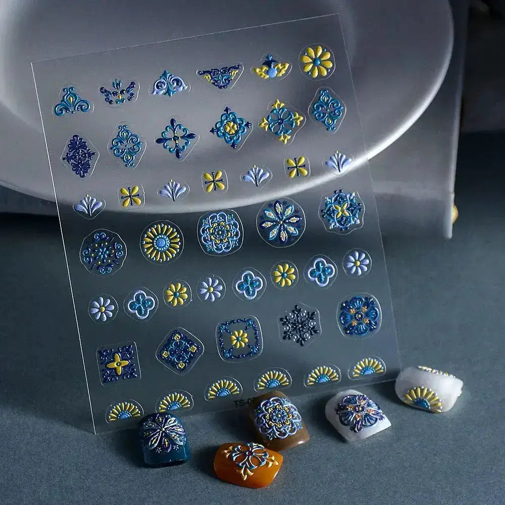 1PC Bohemia Nail Art Stickers 5D Bohemia Nail Sticker Decal Abstract Design Retro Blue Yellow Flower Self Adhesive Nail Supplies from PriceLows™