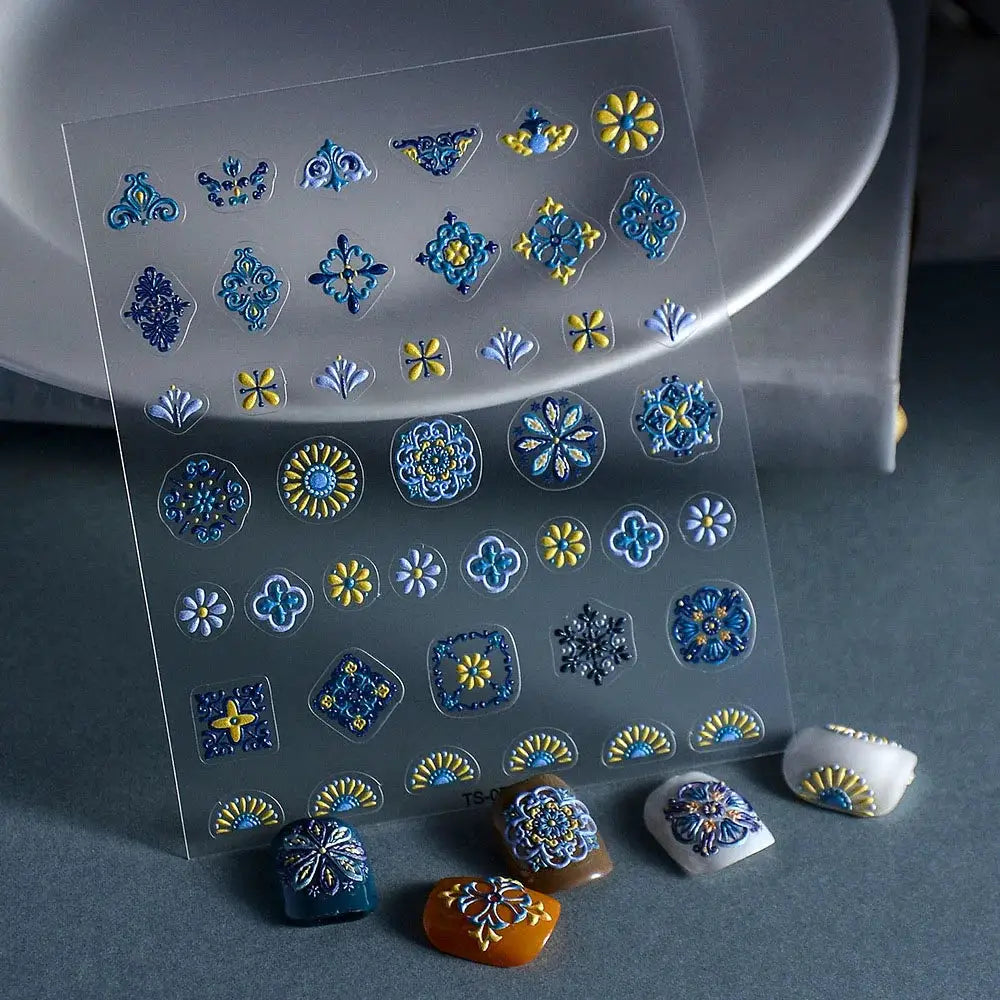 1PC Bohemia Nail Art Stickers 5D Bohemia Nail Sticker Decal Abstract Design Retro Blue Yellow Flower Self Adhesive Nail Supplies from PriceLows™