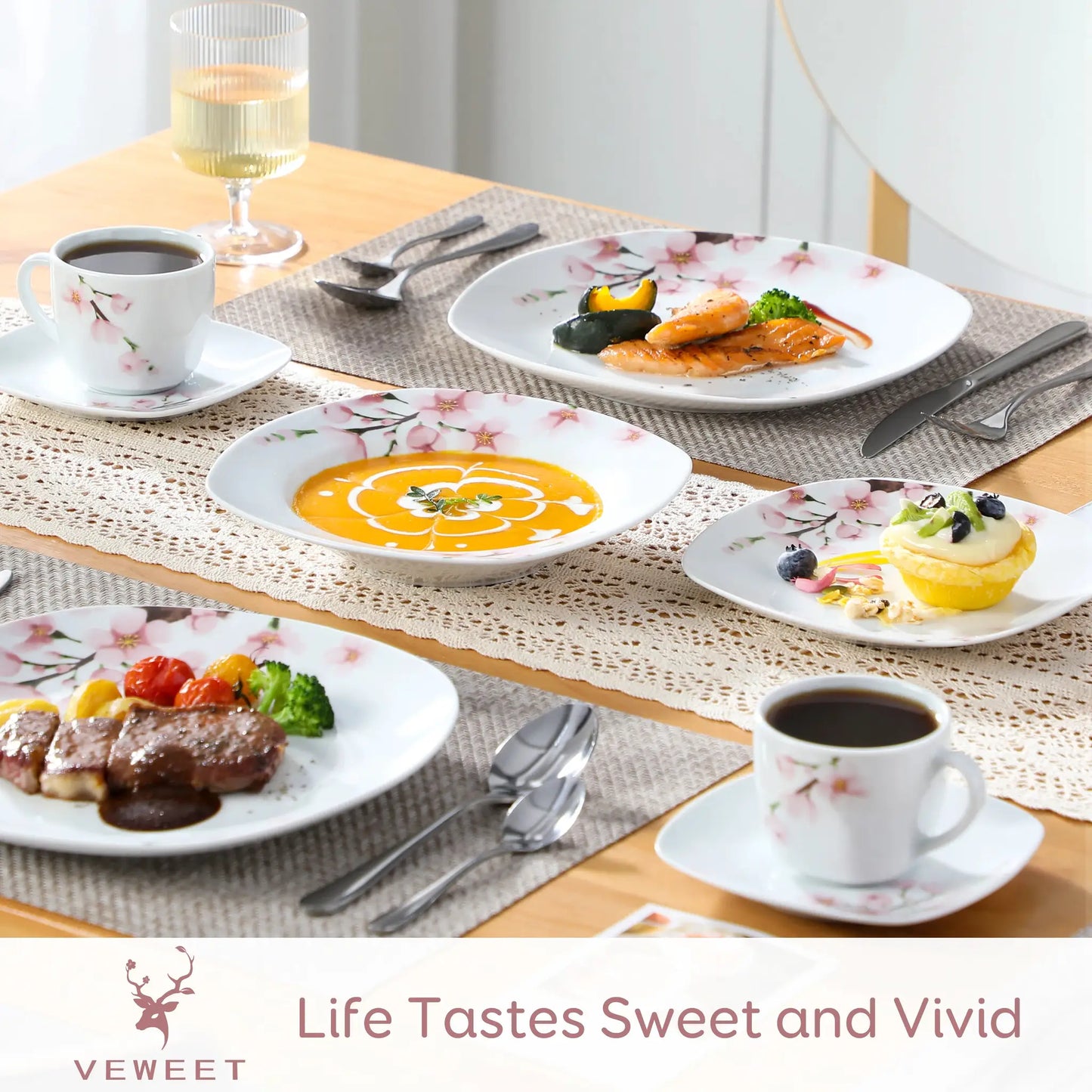 VEWEET ANNIE 30/24/20 Pcs Porcelain Dinnerware Set Pink Floral Plates Dinner Set with Dinner Plate/Dessert/Soup/Cup/Saucer from PriceLows™