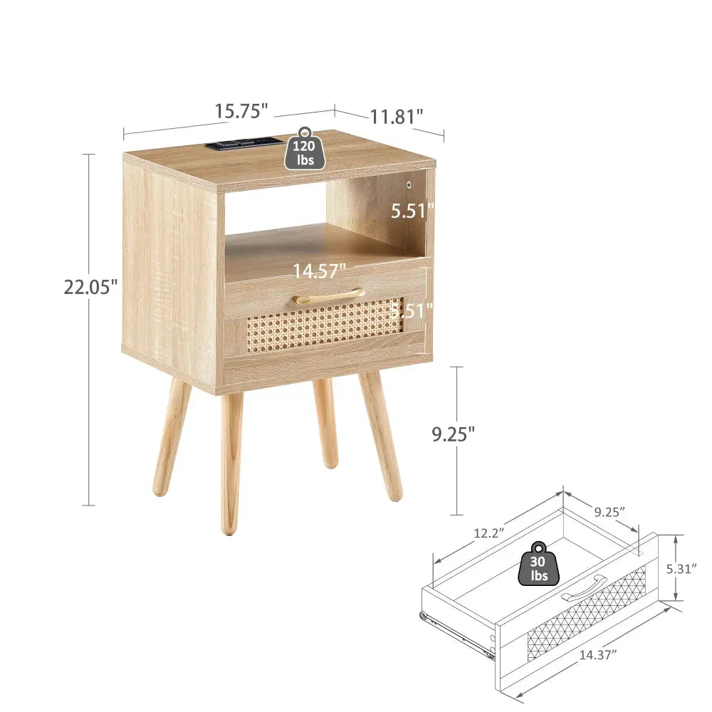 15.75" Rattan End table with Power Outlet & USB Ports , Modern nightstand with drawer and solid wood legs, side table for livin from PriceLows™