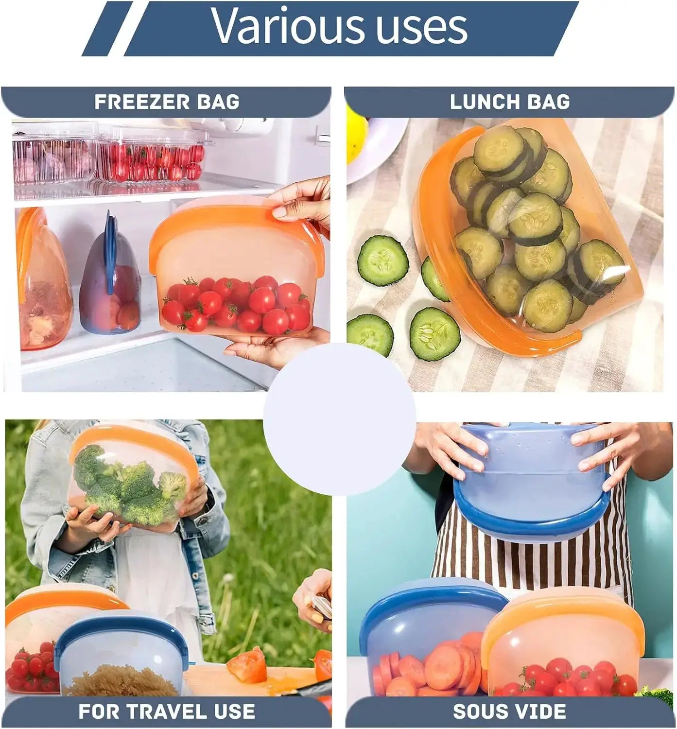 Reusable Silicone Food Storage Bags | 34oz/17oz | Leakproof Stand Up | Two Sizes
