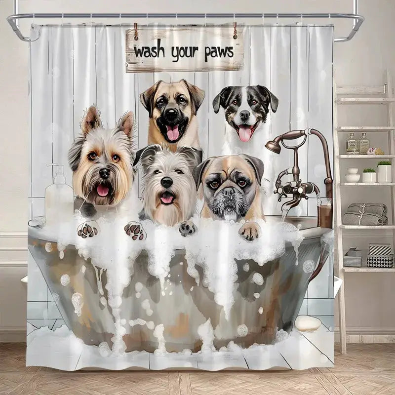 Funny Bathing Dogs Shower Curtain Bathtub Wash Your Paws Cute Pet Cartoon Animals Bath Curtains Fabric Bathroom Decor with Hooks from PriceLows™