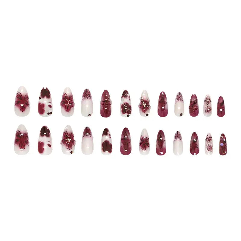 Press On Nails | Wine Red Blush | Flower Print | 24 Piece Set