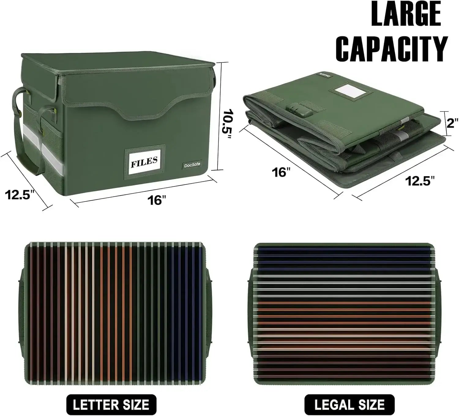 Fireproof Document Box with Lock, Collapsible File Storage Organizer for Home Office, Hanging Letter/Legal Folders, Green, 2 Pack from PriceLows™
