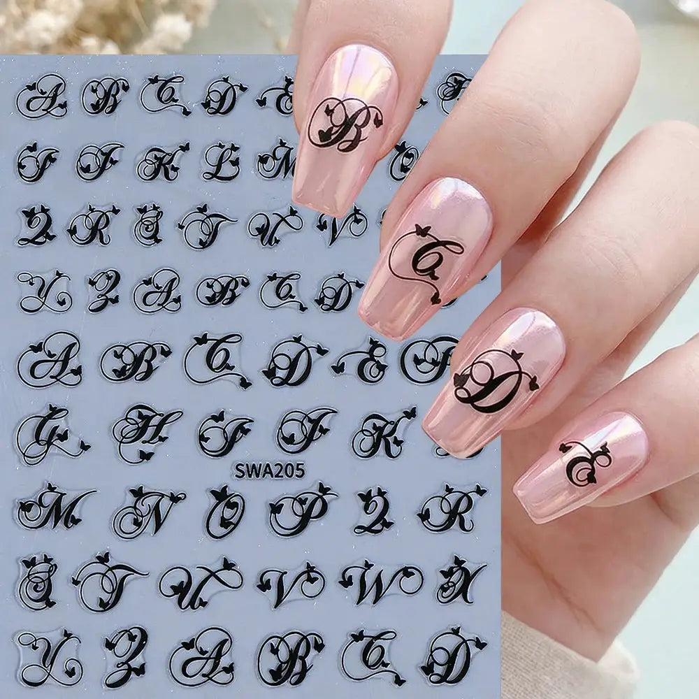 2Pcs Black White English Letter Alphabet 3D Nail Art Stickers Nail Decals with Love Heart Simple Style DIY Manicure Decorations from PriceLows™