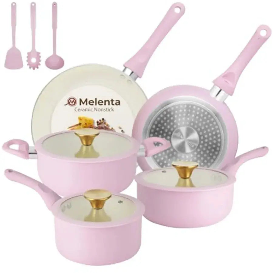 Pots and Pans Set Non Stick Ceramic Cookware Set 11-Piece Induction Cookware Non Toxic Healthy Kitchen Cooking Set Gold Knobs L from PriceLows™