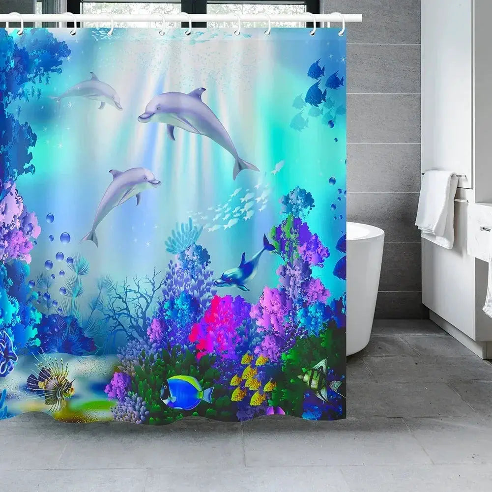 Ocean Underwater World Shower Curtains Set Dolphin Animal Cheerful Marine Life Scenery Polyester Fabric For Kids Bathroom Decor from PriceLows™