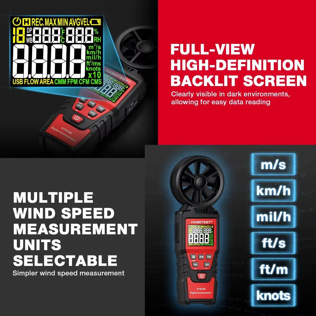 HABOTEST HT625 Anemometer Portable Wind Speed Meter Air Velocity Gauge Windmeter Digital Handheld Anemometer LCD Display from PriceLows™