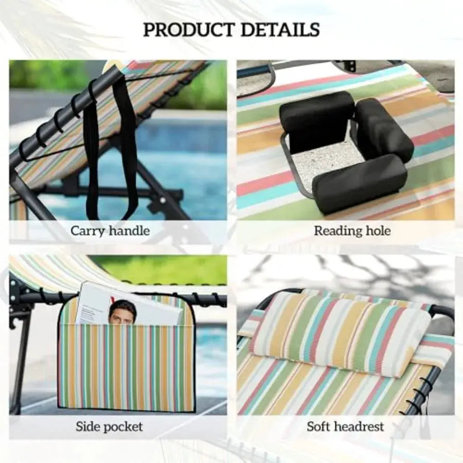 2 Piece Folding Chaise Lounge for Outdoor Use Polyester Rainbow Striped 5-Level Reclining with Face Hole Side Pocket Headrest from PriceLows™