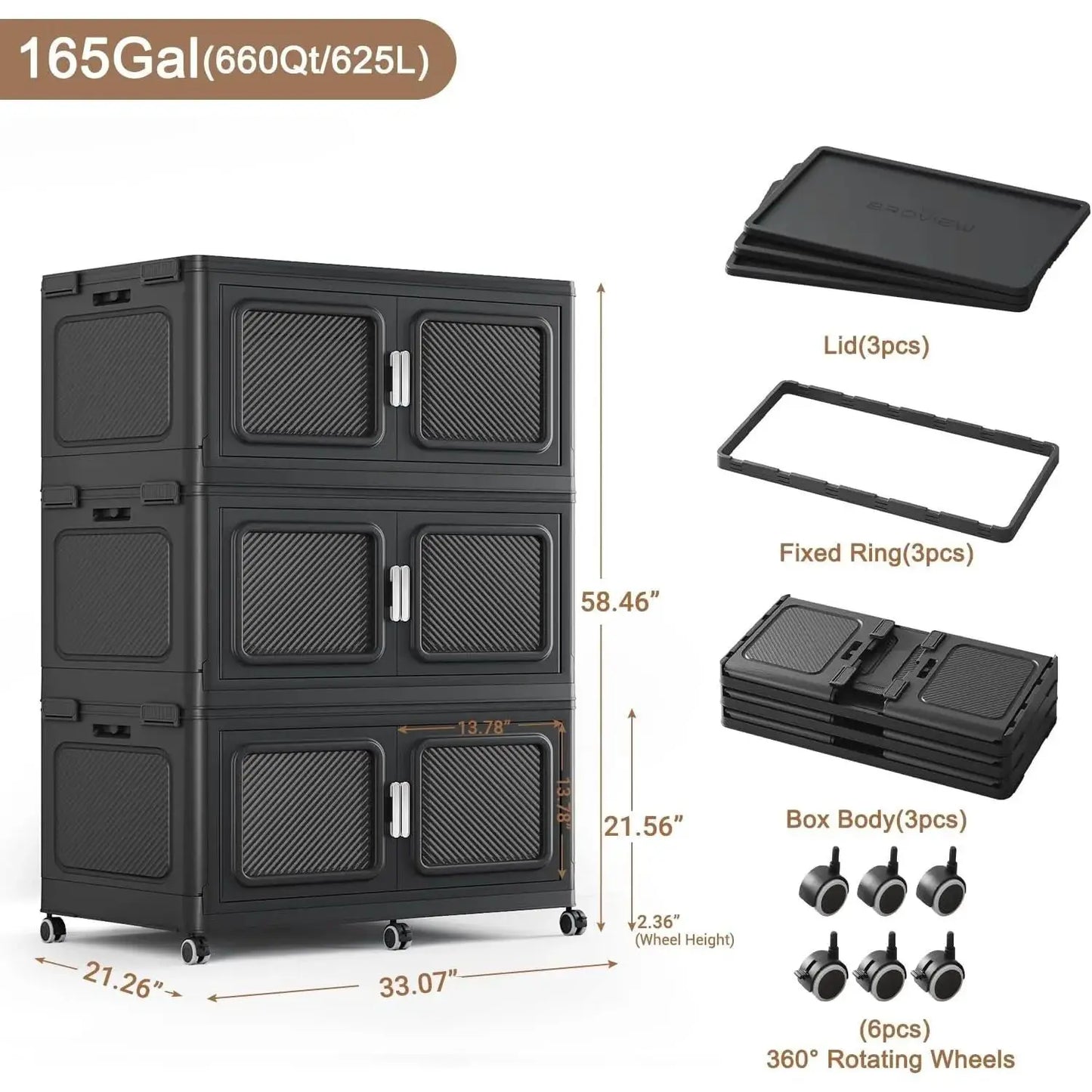 BROVIEW 165 Gal Extra Large Storage Bins Each Box with 1 Lid, 660 Qt Stackable Storage Box with Wheels, Collapsible Plastic Storage Cabinet Cubes Shelves Home Organization, 1/3/4Pack, Black from PriceLows™