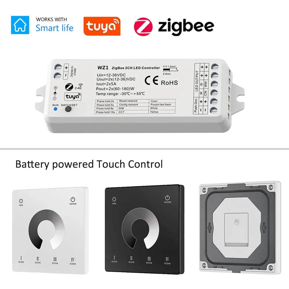 2in1 Zigbee LED Controller 12V 24V Dimmer CCT WWCW Strip Light Control 2.4G RF Touch Remote Tuya Smart Life APP for Alexa Google from PriceLows™
