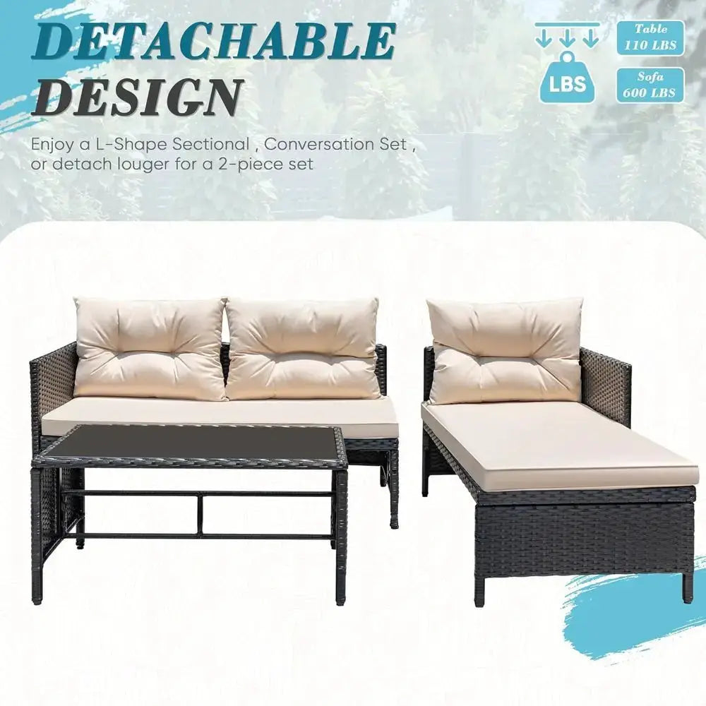 Light Beige Outdoor Wicker Sectional Sofa Set with Cushions and Coffee Table for Patio, Garden, Porch, Poolside from PriceLows™