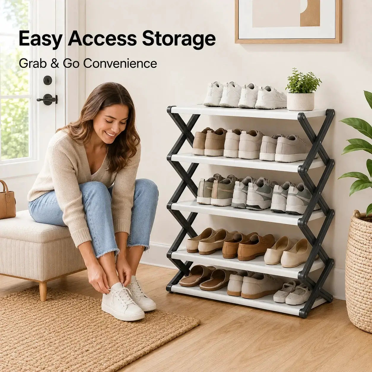 Joybos Foldable Shoe Rack, Space-Saving Entryway Shoe Organizer with Stable X-Frame, PP Shelves & Steel Tubes, No Assembly Needed from PriceLows™