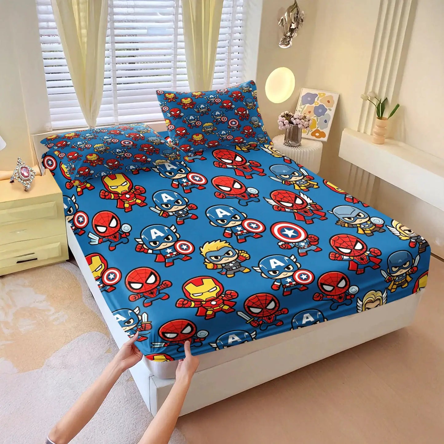 Cute Chibi Marvel Heroes Fitted Sheet Set Bed Sheet Set Bedding Set No Fillers for Teens Bedroom Living Room Decor from PriceLows™