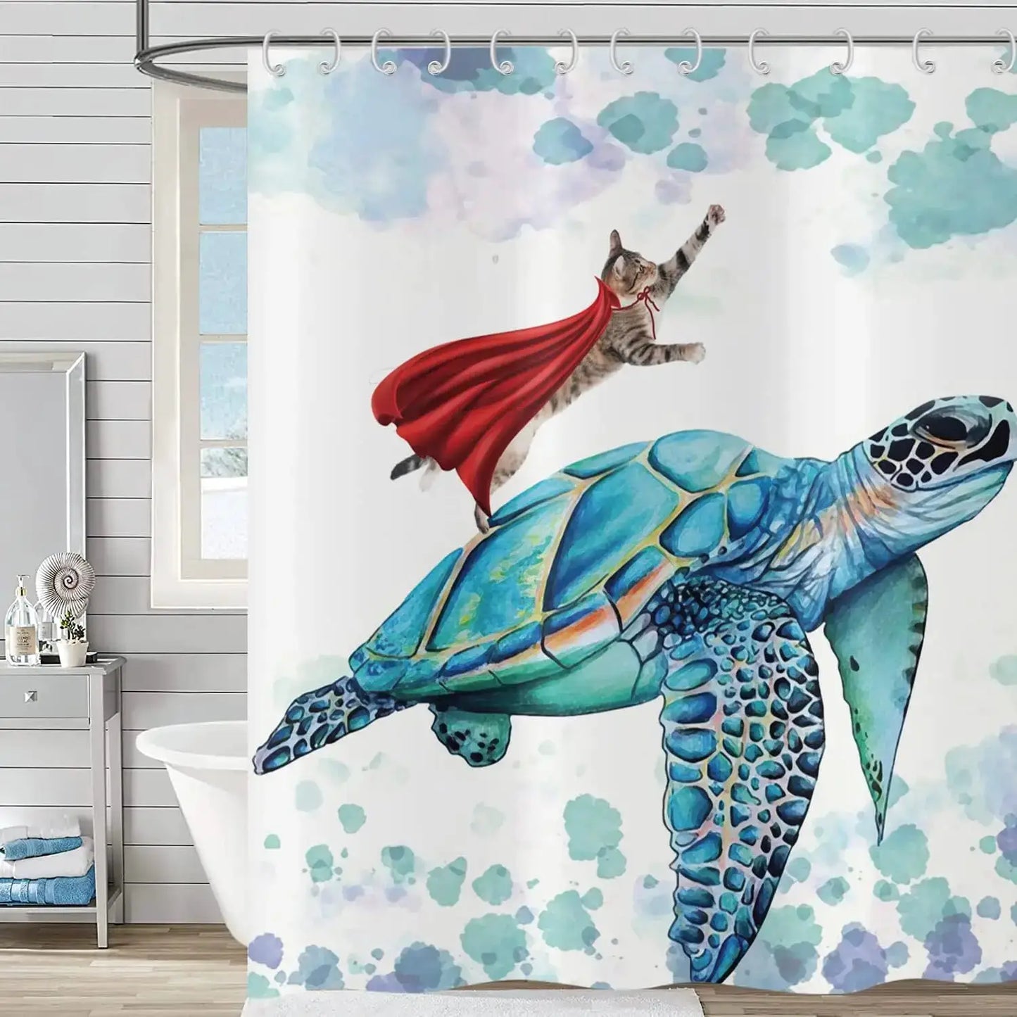 Cute Cat Blue Children Shower Curtain Waterproof Washable Polyester Material Bathroom Decorative Curtain with Hook from PriceLows™