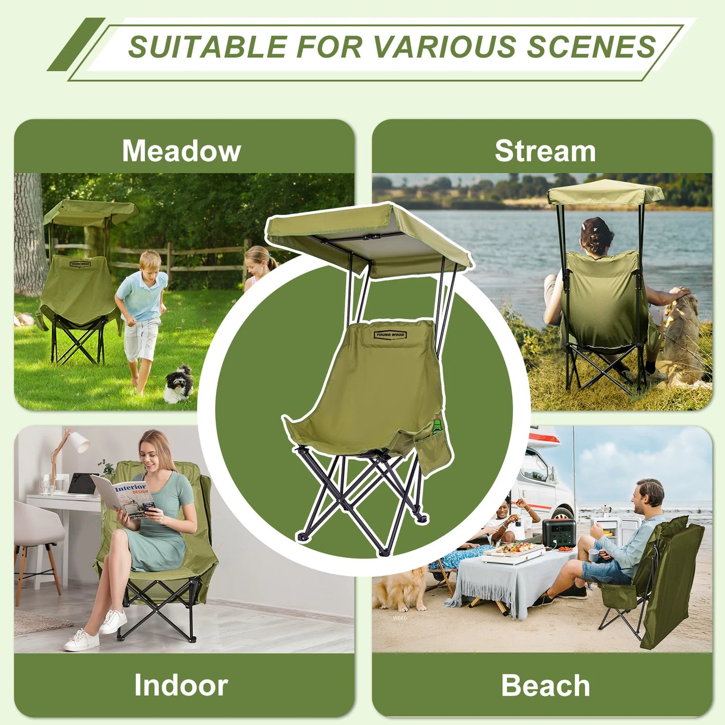 Portable Camping Chair | Shade Canopy | Lightweight Foldable | One Size