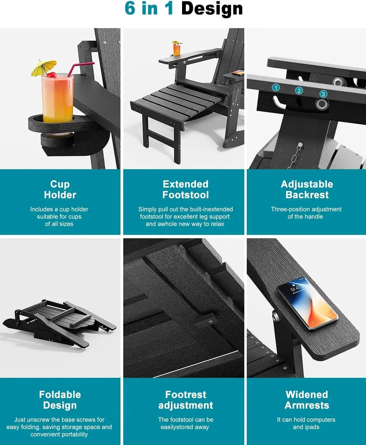 Adirondack Rocking Chairs with Retractable Ottoman & Cup Holders, 6-in-1 Folding HDPE Outdoor Rockers for Patio, Porch, Lawn from PriceLows™
