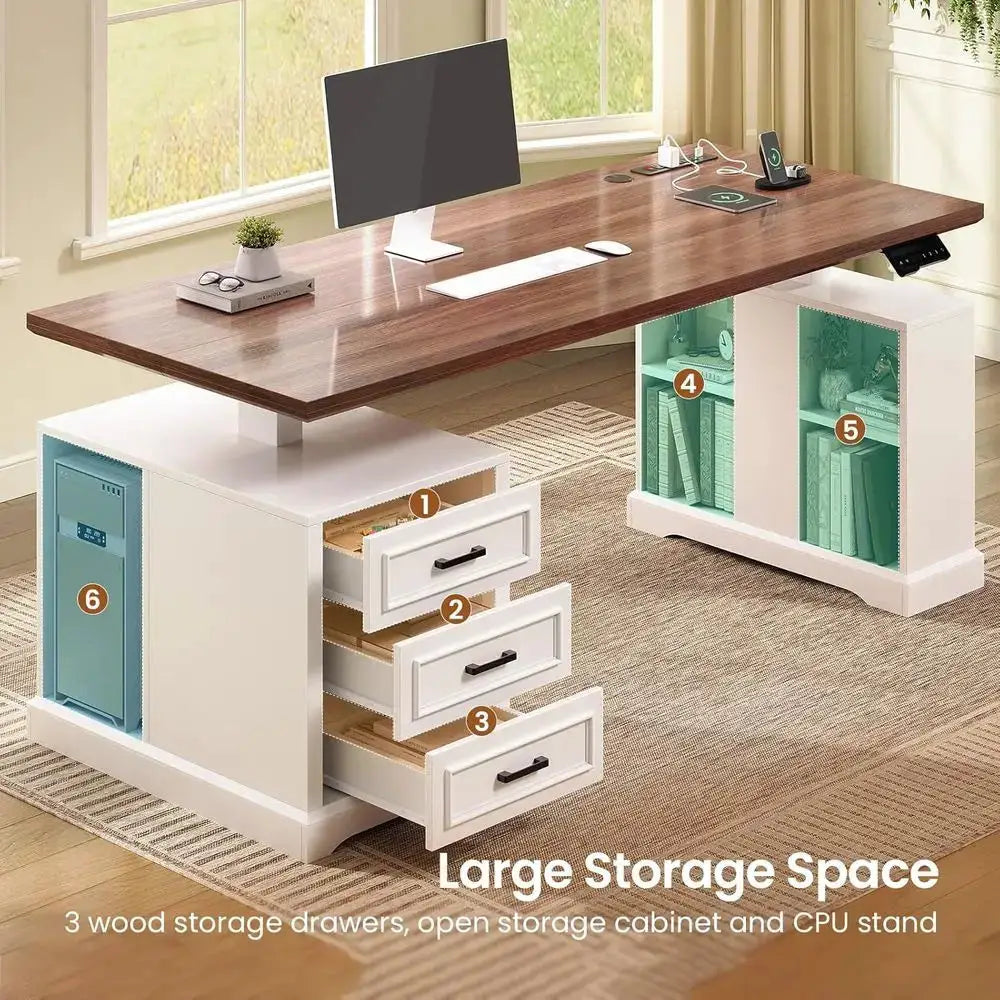63 Adjustable Electric Standing Desk with 3 Drawers, Shelves, Power Outlets, White Wooden Office Desk for Home Use from PriceLows™