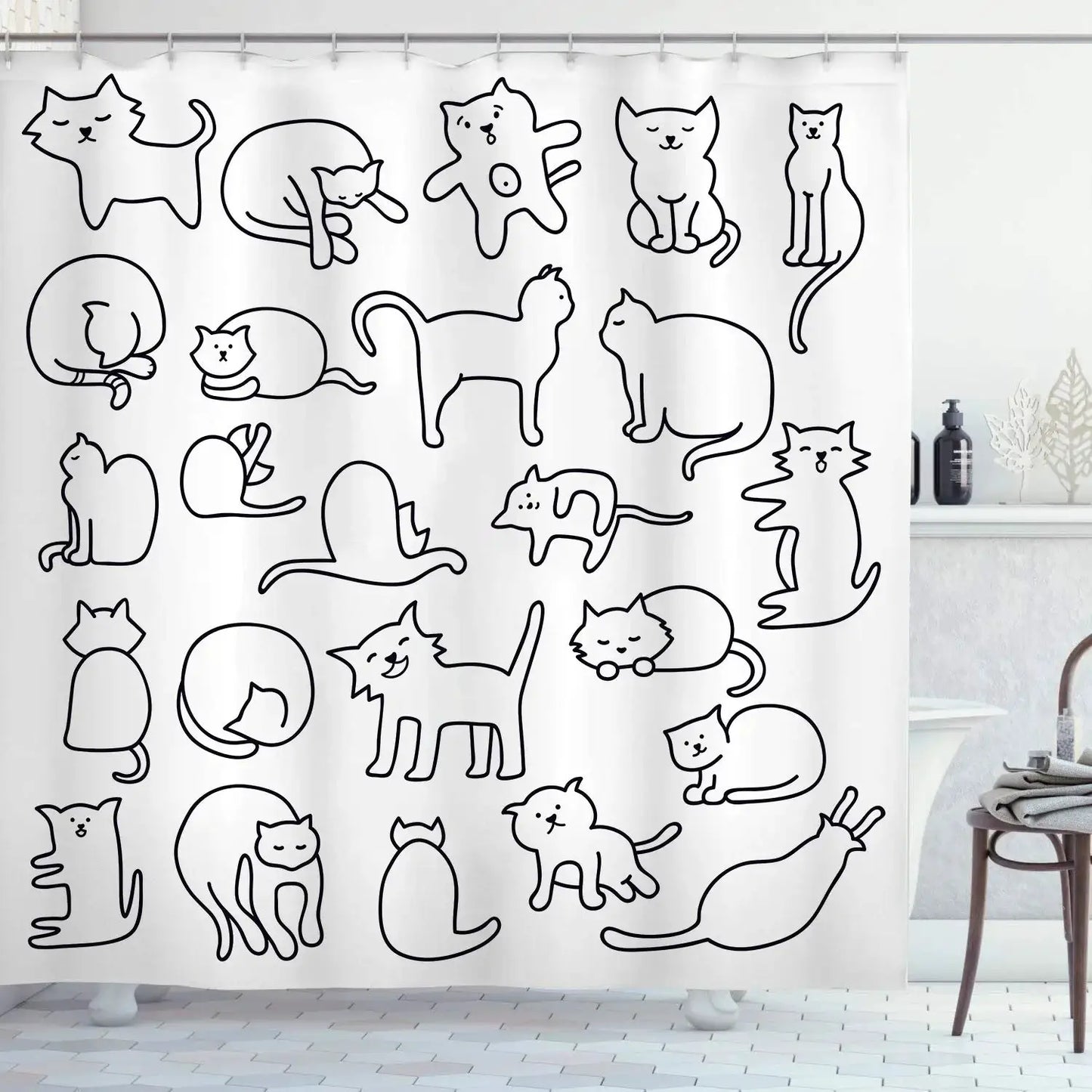 Cute Cat Pattern Shower Curtain - Fun Cartoon Design for Playful Bathroom Décor, Waterproof, Easy Care & Soft Fabric from PriceLows™