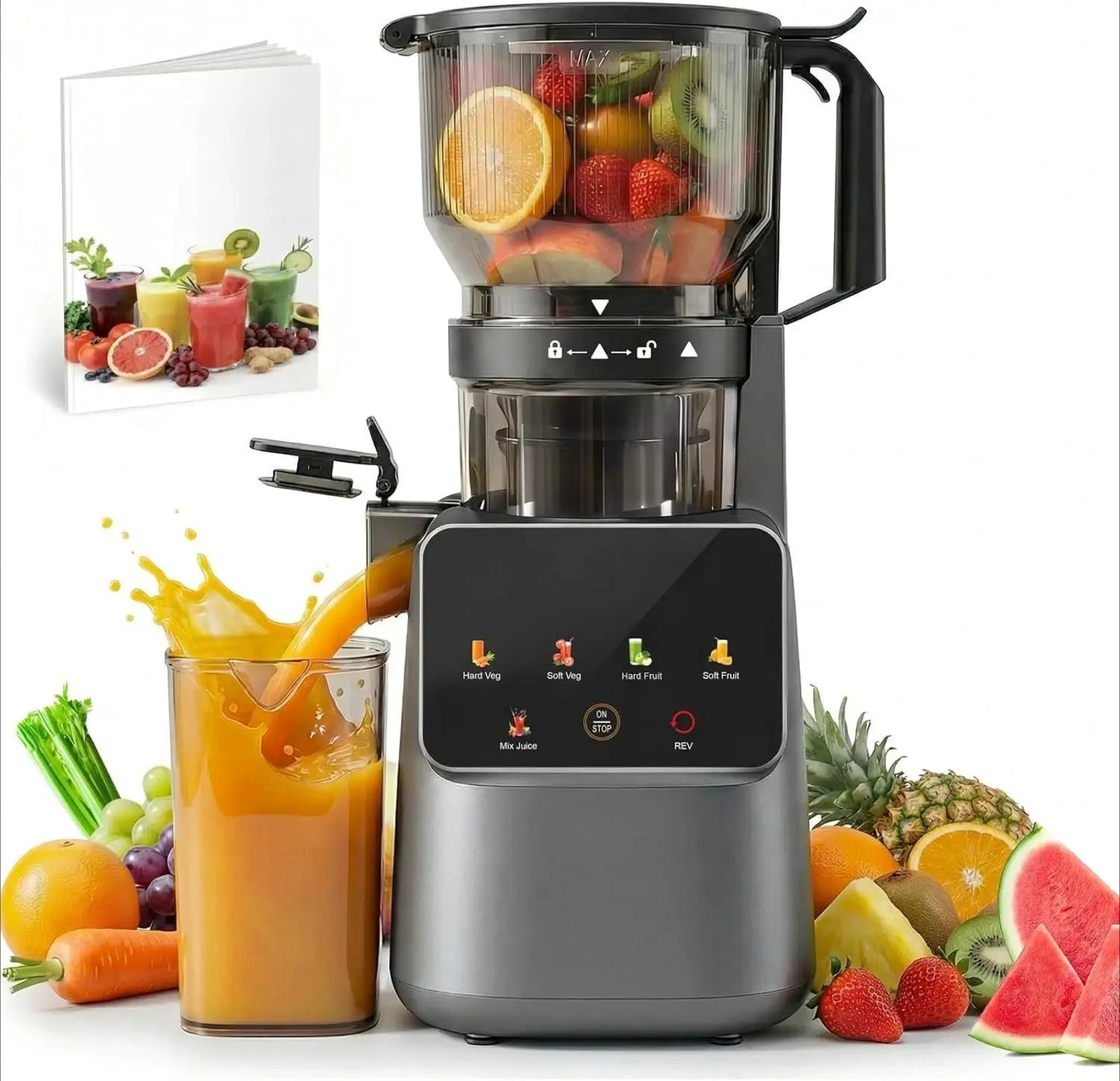 Cold Press Juicer Machines, 5.8'' Large Feed Chute for Whole Fruits and Vegetables, 300W Slow Masticating Juicer, High Juice Yield, 5 Smart Modes, Easy to Clean from PriceLows™