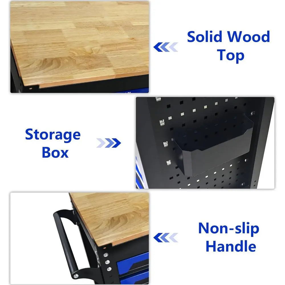 Heavy-Duty Mobile Metal Tool Chest with Locking Wheels, Stainless Steel Worktop, Garage Storage Cabinet (Black-Blue, 7-Drawers, from PriceLows™