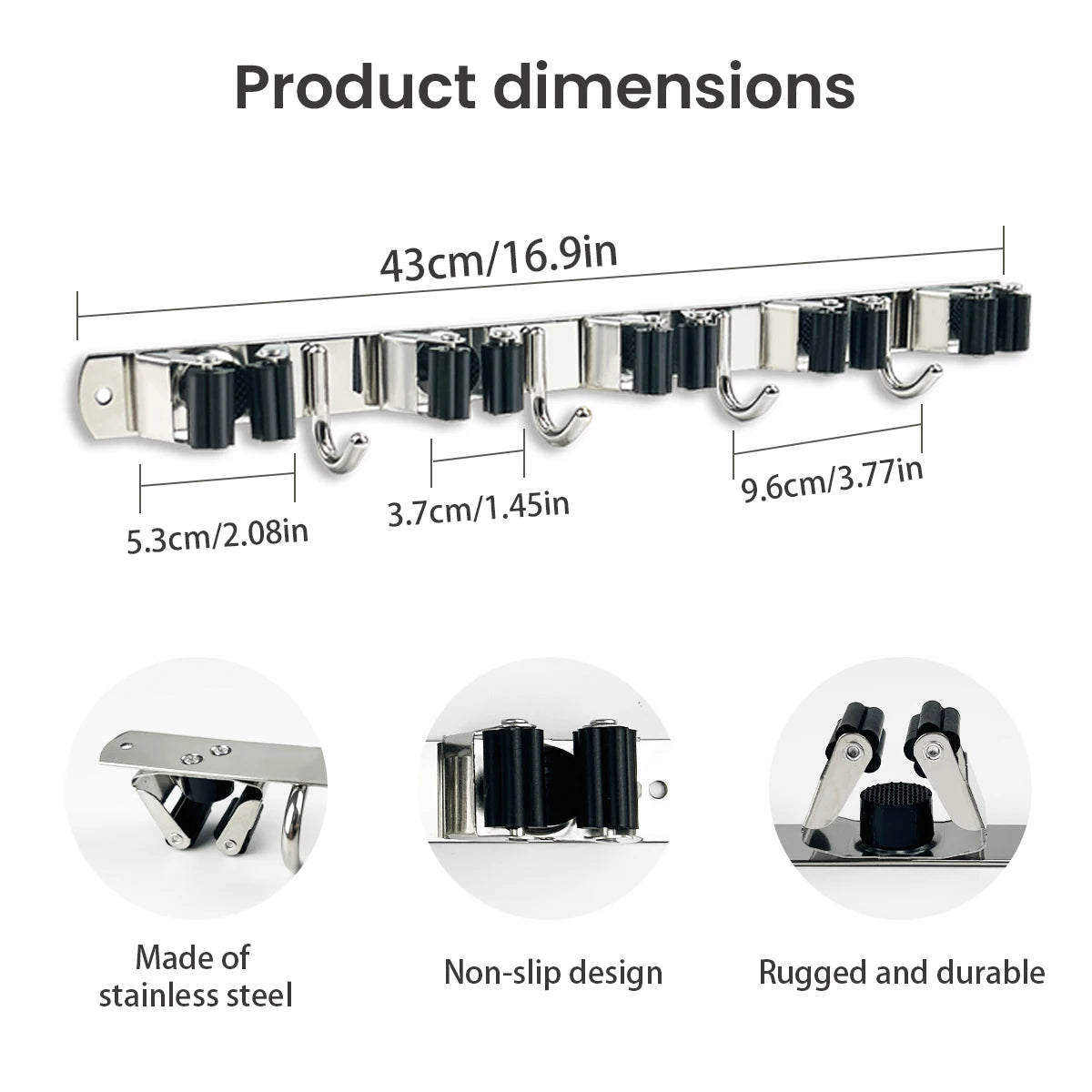 4-Hook Adhesive Broom Mop Organizer Stainless Steel Wall-Mounted Non-Slip Rack Storage Solution for Home Kitchen Garden Laundry from PriceLows™