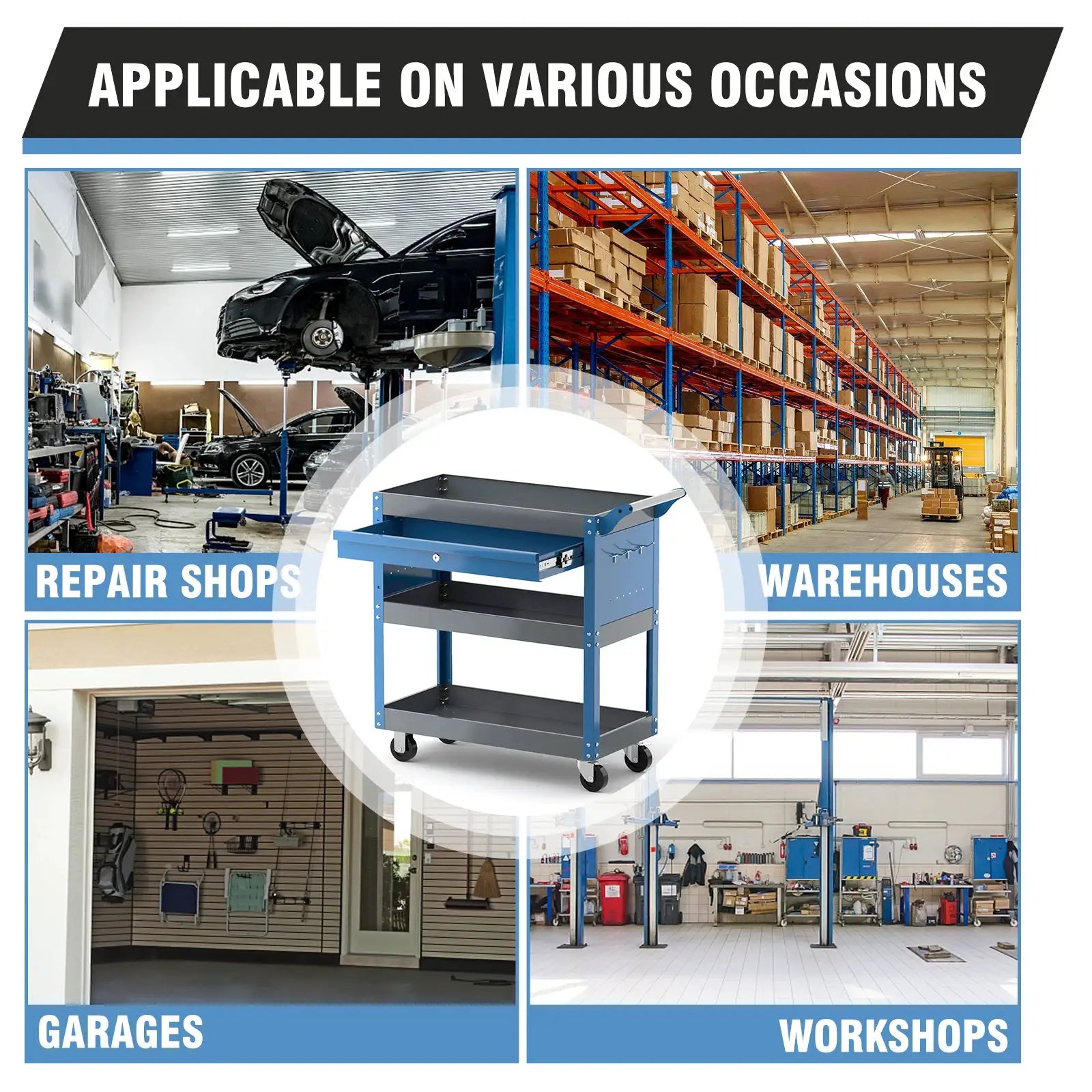 AIRAJ 3 Tier Rolling Tool Cart on Wheels,Metal Heavy Duty Mechanic Cart with Drawers and Pegboard,Industrial Utility Cart from PriceLows™