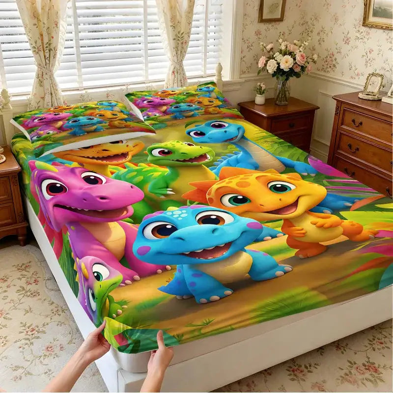 Vibrant Jungle Dinosaur Fitted Sheet Set, Skin-Friendly Fabric Bed Sheet, Deep Pocket Design for Twin/Full/Queen Size Beds from PriceLows™