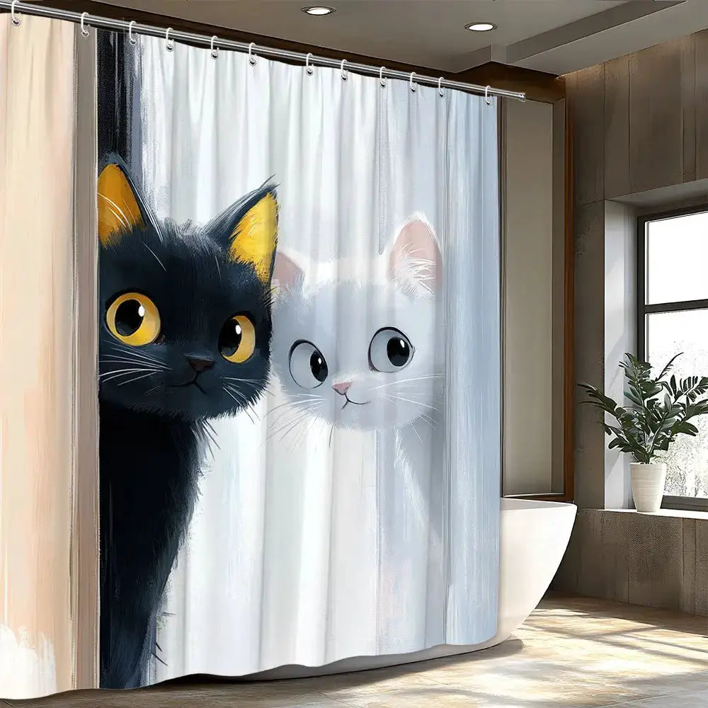 1pc Playful Cartoon Cat Shower Curtain - Black and White Peeking Cats Design with Pastel Background from PriceLows™
