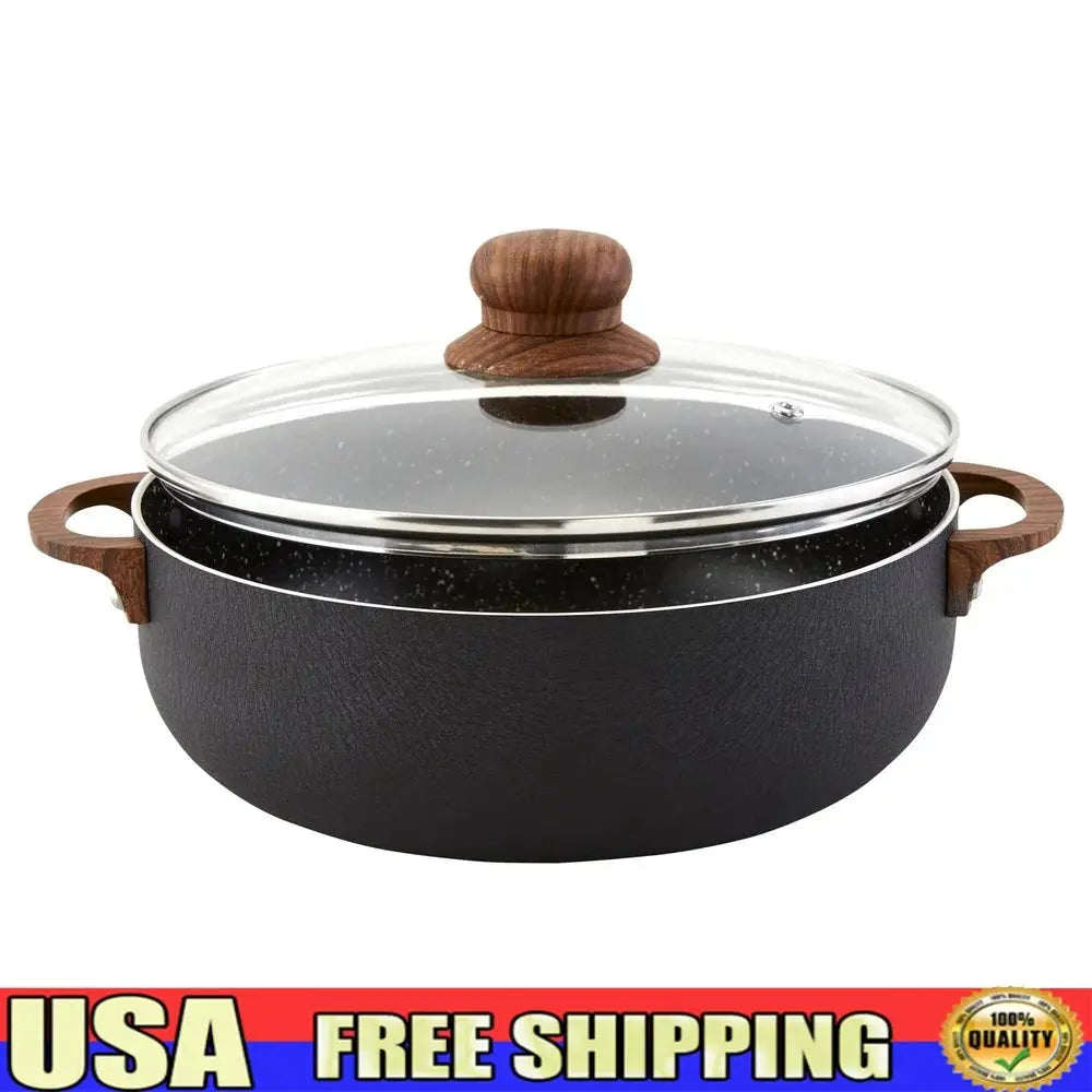 4.4qt Aluminum Nonstick Caldero with Glass Lid and Wood Look Handles Ideal Cooking Rice Stews Soups Sauces and More from PriceLows™