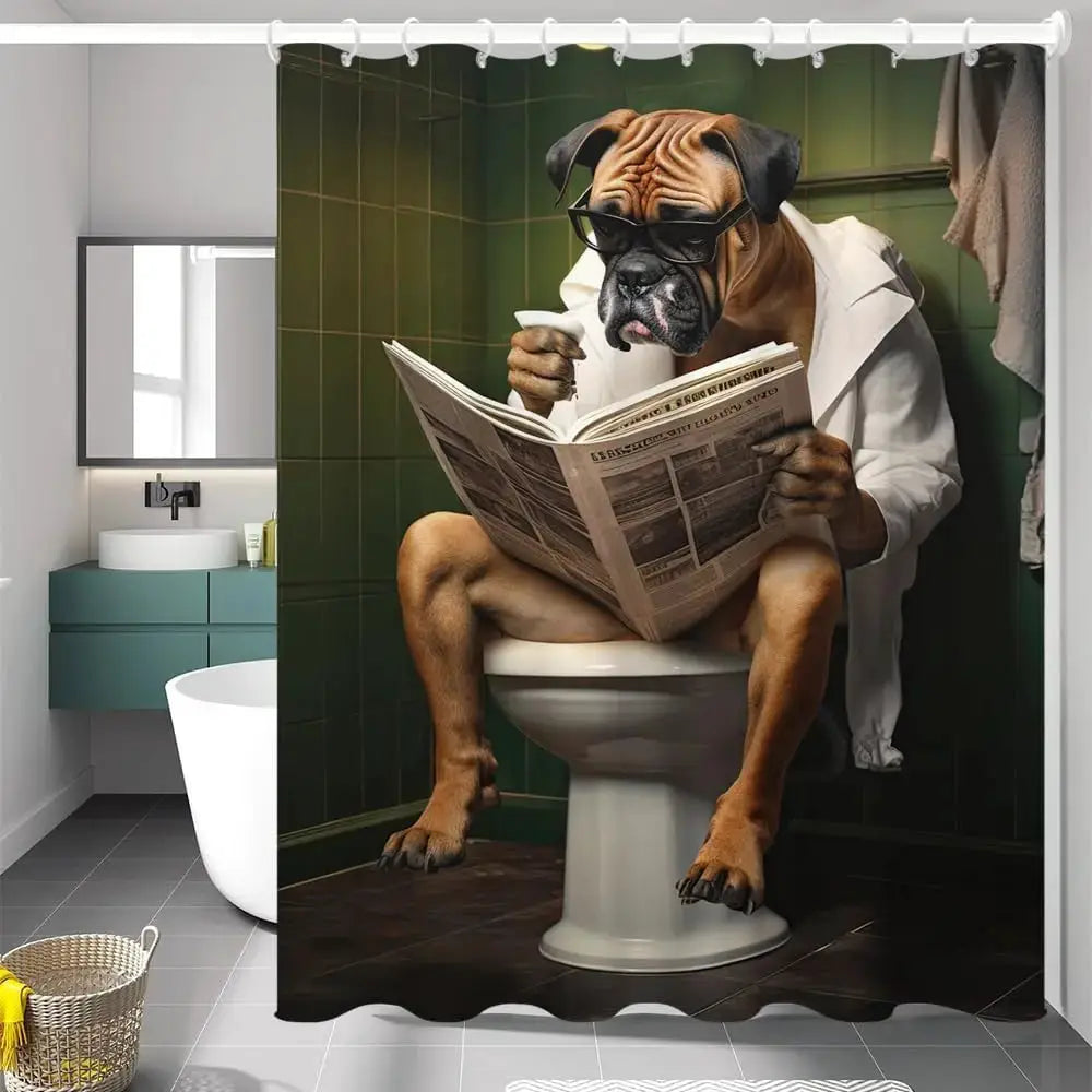 Funny Boxer Dog Bath Shower Curtain,Cute Dogs Reading Newspaper on Toliet Bathroom Curtain Washable Cloth Kids Shower Curtain from PriceLows™