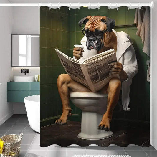 Funny Boxer Dog Bath Shower Curtain,Cute Dogs Reading Newspaper on Toliet Bathroom Curtain Washable Cloth Kids Shower Curtain from PriceLows™