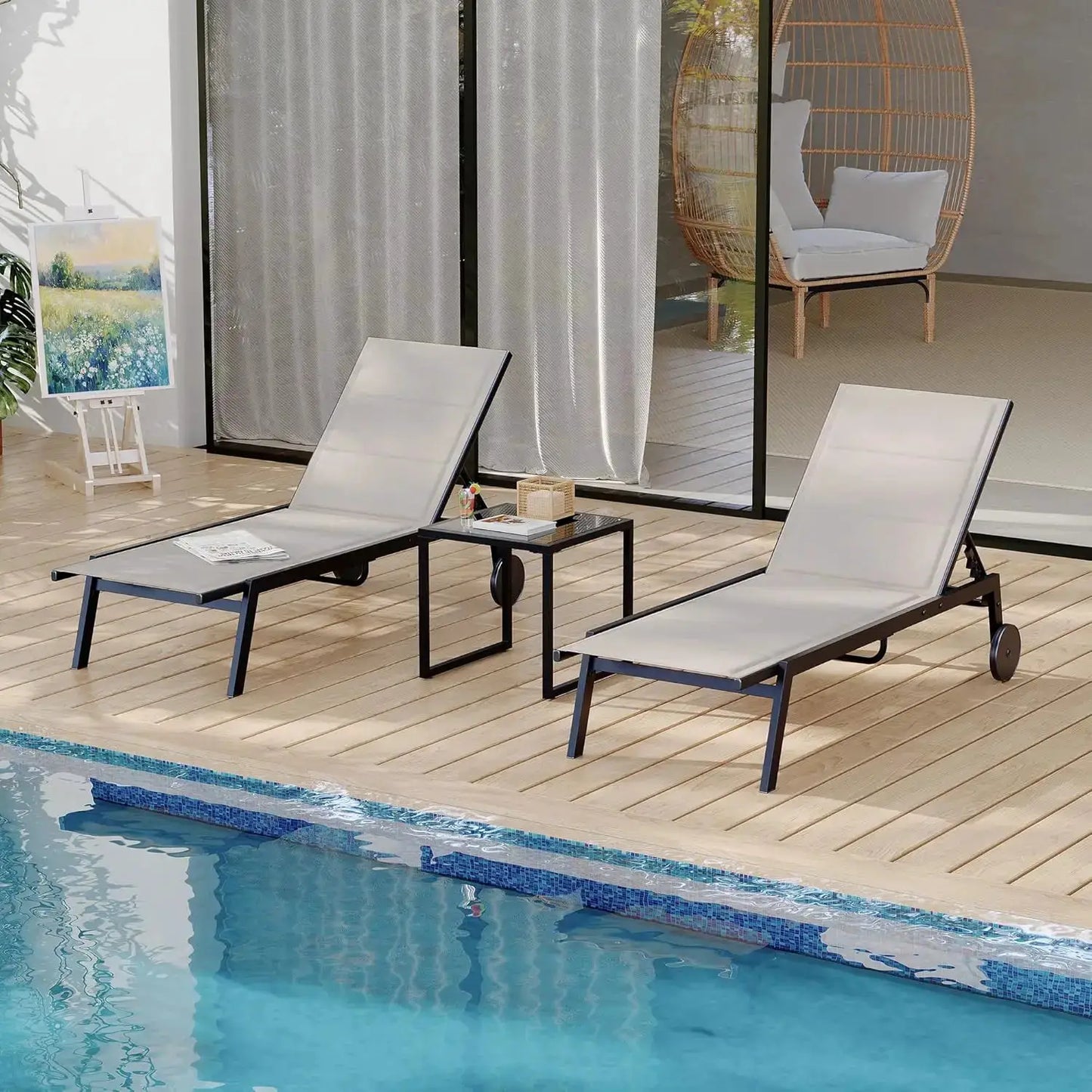 3 Pieces Patio Chaise Chairs Set, Pool Loungers with Side Table, outdoor Chaise Lounges Chair with Wheels, Adjustable Position from PriceLows™