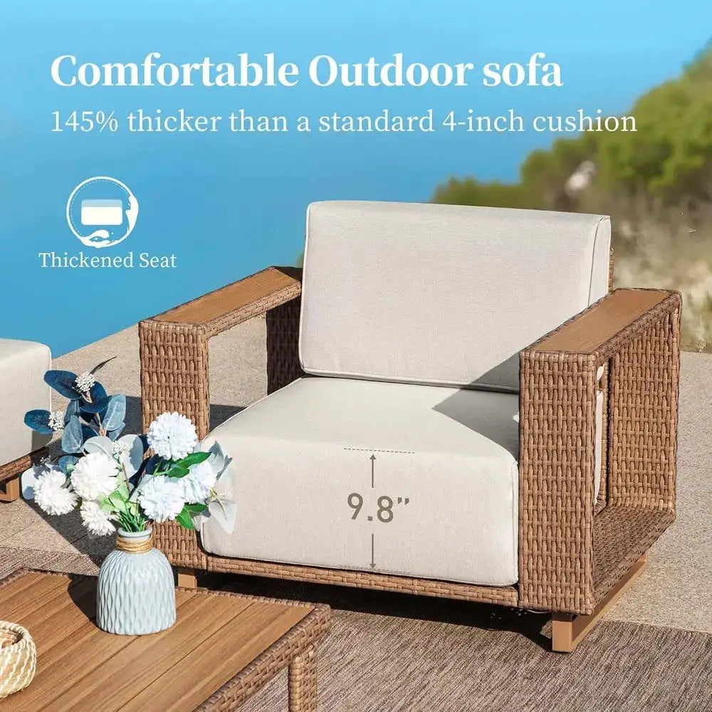 L-Shaped Outdoor Sectional Sofa with Thick Cushions, Yellow Wicker Patio Furniture Set for Lawn and Garden from PriceLows™
