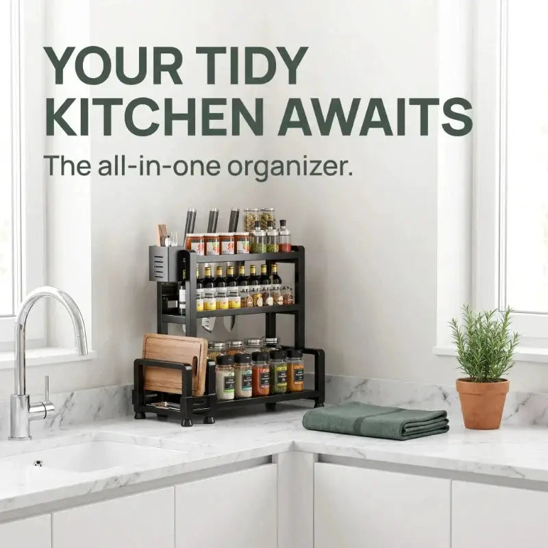 3 Tier Spice Storage Rack for Countertop Adjustable Spice Organization for Cabinet Kitchen Organizer Metal Shelf Black from PriceLows™
