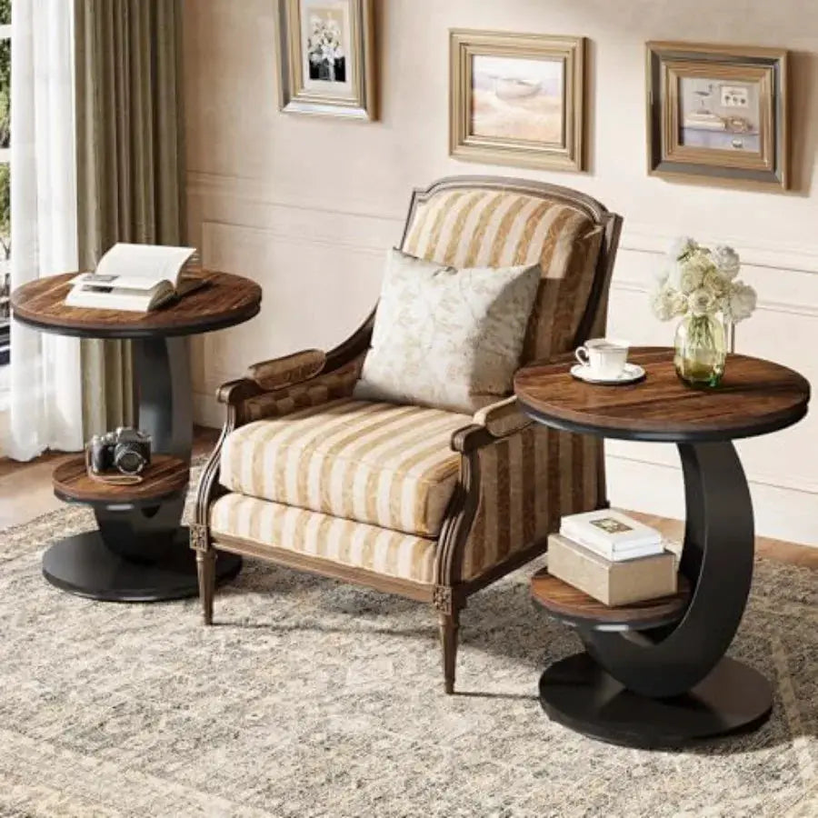 Round End Table Set of Tiers Side Table with Storage Shelf Sofa Side Bedside Nightstand with Rustic Wood and Metal Arc-Shaped F from PriceLows™