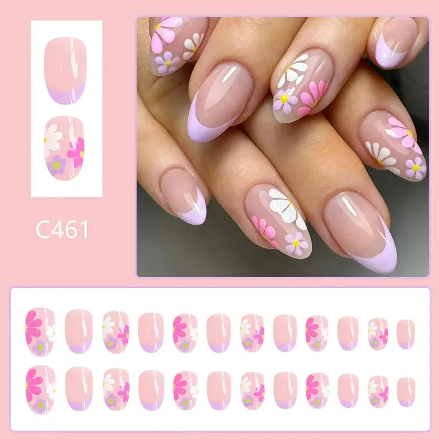 Short Almond Press On Nails | Pink Floral French | Reusable Full Cover | 24 Pcs