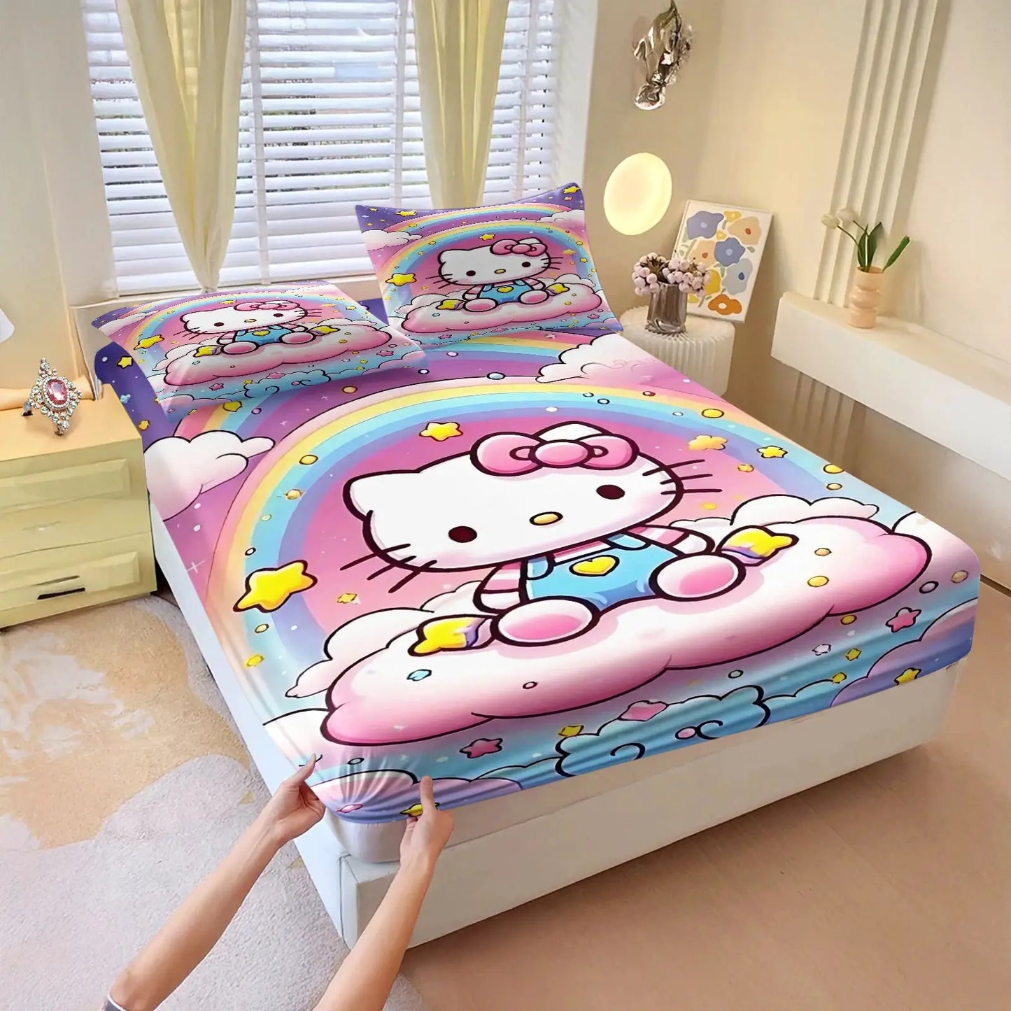 3Pcs Kawaii Hello Kitty Fitted Sheet Set With 2 Pillowcases purple Bed Sheet Soft Deep Pocket Bedding for Girls Bedroom Decor from PriceLows™