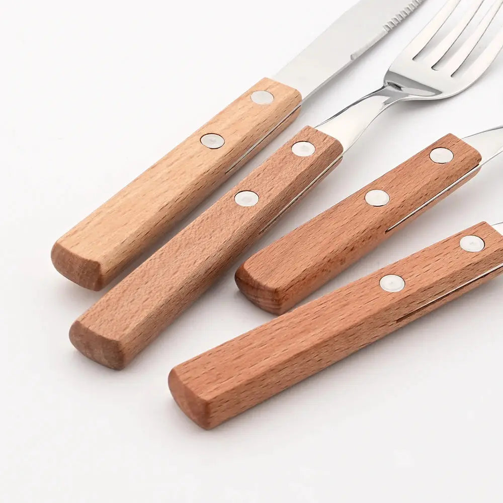 Knife Fork Teaspoon with Wooden Handle 304 Stainless Steel Cutlery Set 6/24Pcs Tableware Mirror Dinnerware Home Flatware Kitchen from PriceLows™