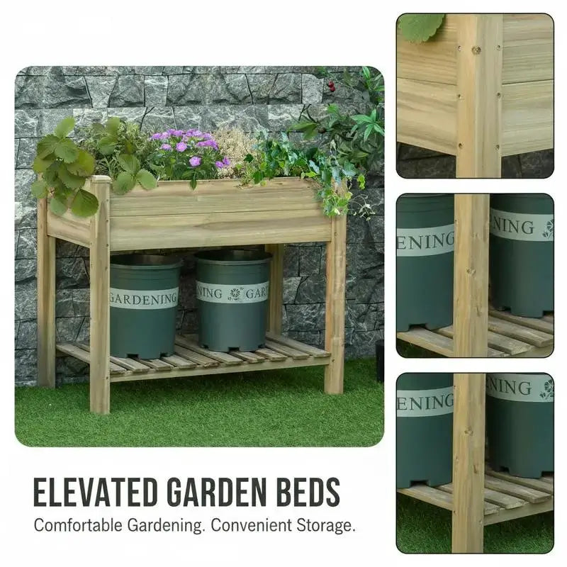 Garden Wooden Planters， Raised Garden Bed with Legs and Storage Shelf Elevated Wooden Planter Box from PriceLows™