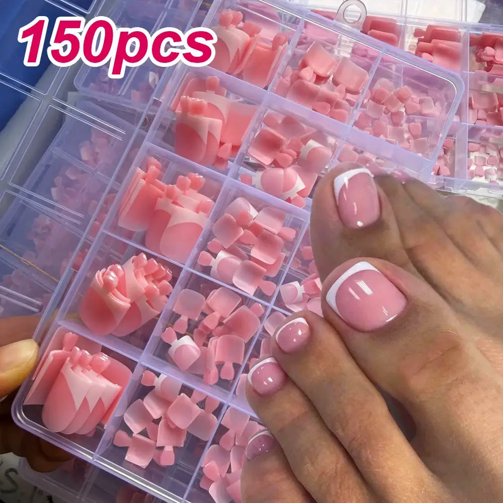 Press On Toenails | Short Square | Matte Nude Pink French | 150 Piece Set