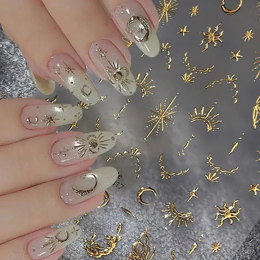3D Bronzing Gold Moon Star Nail Art Stickers Retro Bohemia Sun Moon Star Nails Designs Self-Adhesive 3D Luxury Nail Decorations from PriceLows™