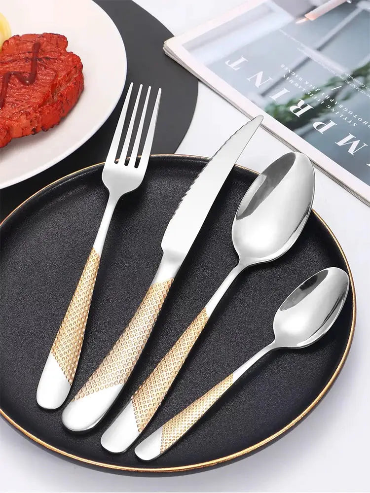 24pcs stainless steel tableware set, including knife, fork, spoon and dessert spoon, is a good holiday gift. from PriceLows™