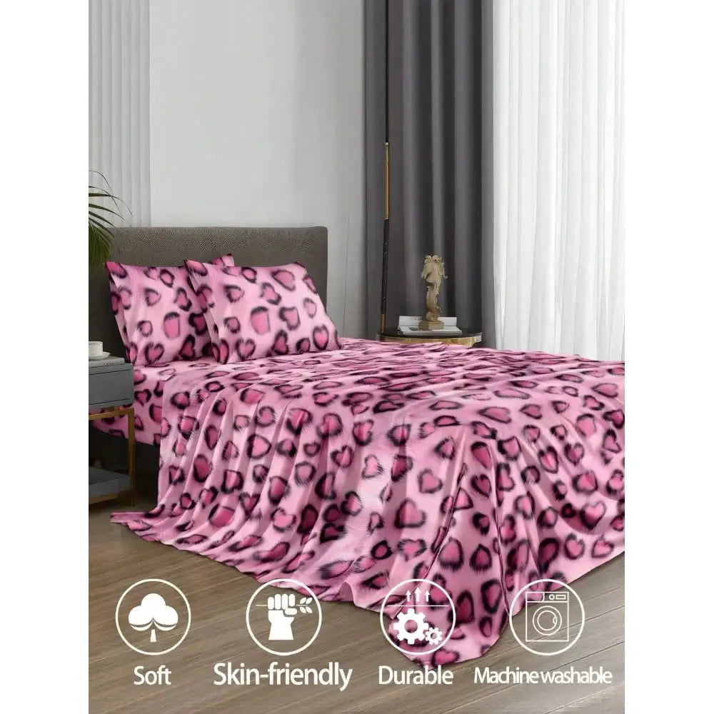 Fashionable Hot Pink Leopard Print Bedding Set, Easy Care Super Soft Microfiber Bedding Set 1 Flat Sheet 1 Fitted Sheet 2 Pillow from PriceLows™