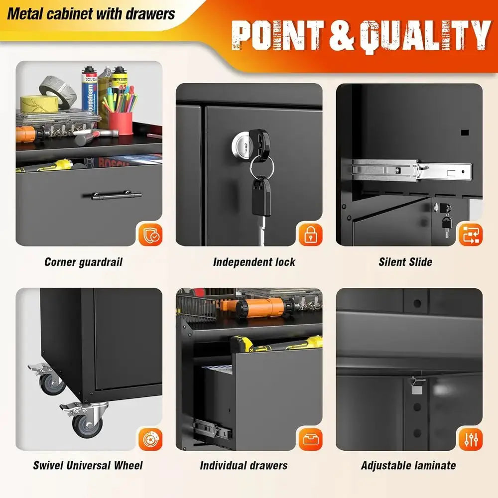 Metal Storage Cabinet with Wheels, 1 Drawer 2 Locking Doors Rolling Tool Chest for Garage, Office, Storeroom, Basement, Black from PriceLows™