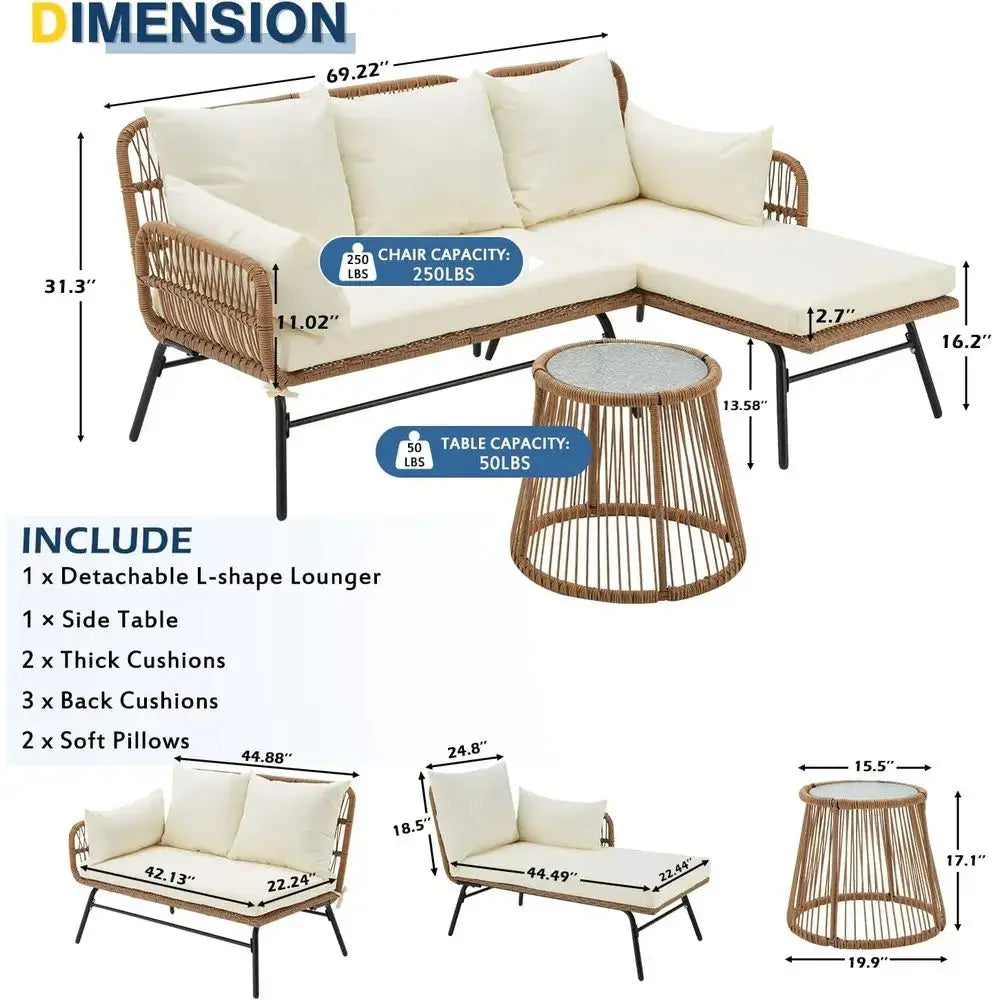 White Outdoor 3-Piece L-Shaped Sectional Sofa Set with Cushions and Glass Table for Patio, Balcony, or Garden from PriceLows™